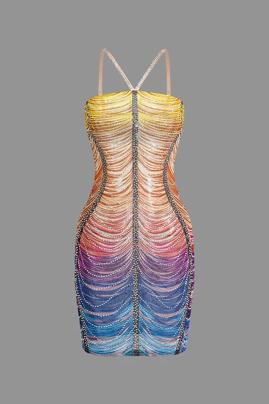 mini dresses-mermaidRainbow Striped Rhinestone Bodycon Mini Dress