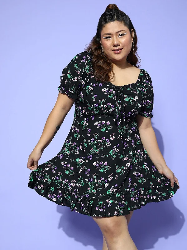 mini dresses-glam evening lookBerrylush Women Plus Size Black & Green Floral Printed Sweetheart Neck Tie-Up Front Crepe Ruffled A-Line Mini Dress