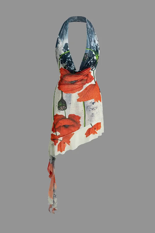 mini dresses-chic and sophisticatedFloral Print Ruffle Backless V-neck Halter Mini Dress