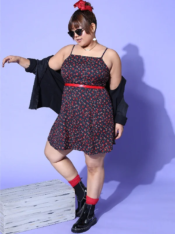 mini dresses-with intricate designBerrylush Women Plus Size Navy Blue & Red Floral Printed Square Neck Crepe Flared A-Line Mini Dress