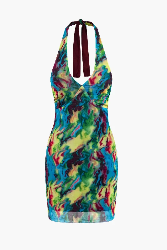 mini dresses-perfect for any occasionTie Dye V-neck Halter Backless Mini Dress