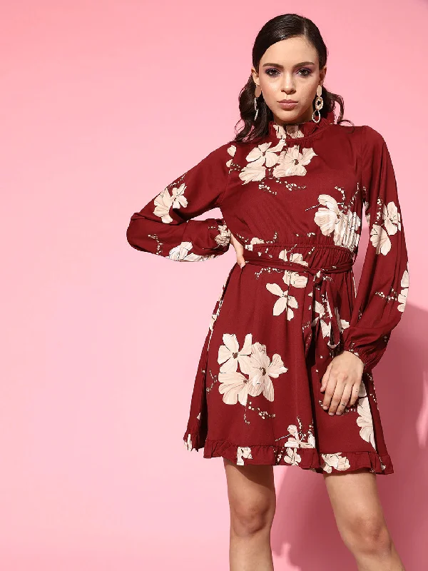 mini dresses-embellished dressesBerrylush Women Maroon & Beige Floral Printed Halter Neck Cutout Tie-Up Crepe Ruffled A-Line Mini Dress