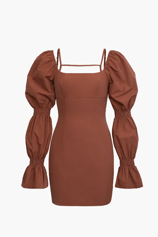 mini dresses-collaredPuff Sleeve Square Neck Mini Dress