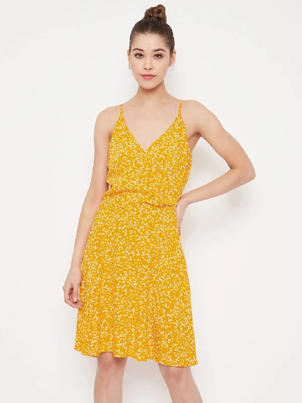 mini dresses-chic and edgyBerrylush Women Yellow & White Floral Printed V-Neck Fit & Flare Mini Dress