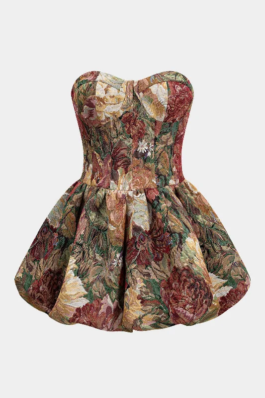 mini dresses-luxurious fabricsFloral Jacquard Strapless Sleeveless Mini Dress