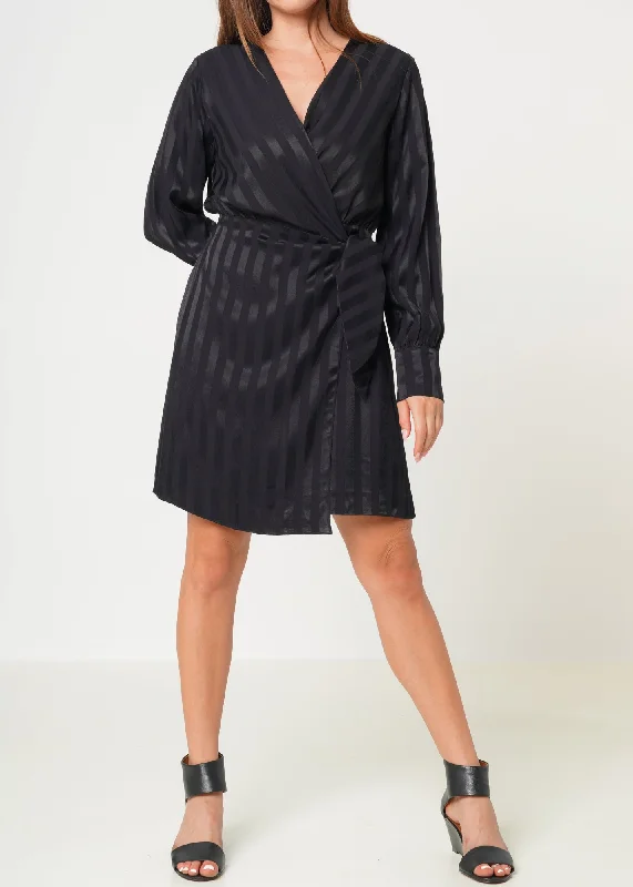 mini dresses-everyday chic dressStripe Satin Long Sleeve Mini Dress in Black