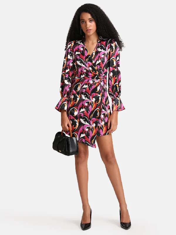 mini dresses-perfect holiday wearPrinted Lycra Satin Wrap Tie Up Mini Dress