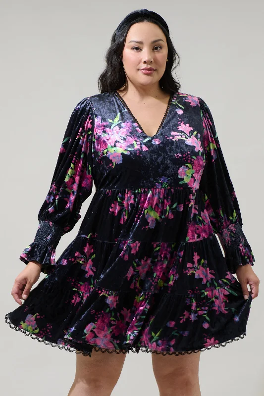 mini dresses-wedding guestTulda Floral Amari Velvet Tiered Mini Dress Curve