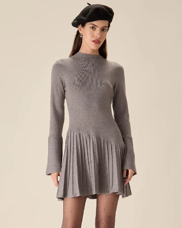 mini dresses-peplum skirtGrey Mock Neck Bell Sleeve Sweater Dress