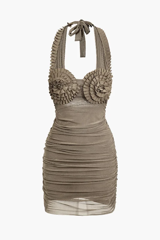 mini dresses-statement piece dressesPleated Mesh Halter Mini Dress