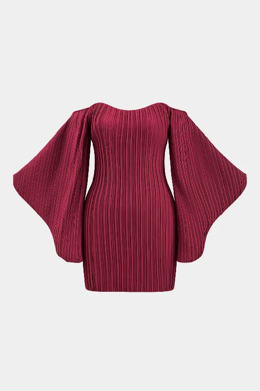 mini dresses-pleated fabricPleated Bell Sleeve Mini Dress