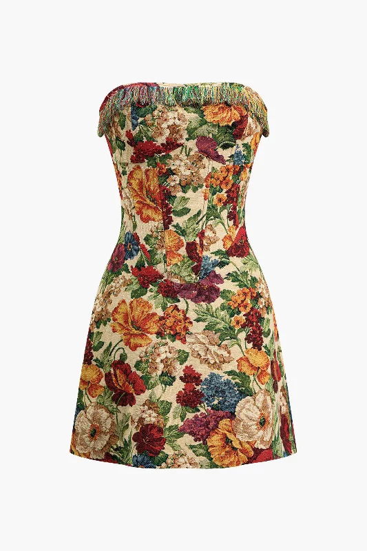 mini dresses-feminine flairFloral Print Zipper Strapless Mini Dress