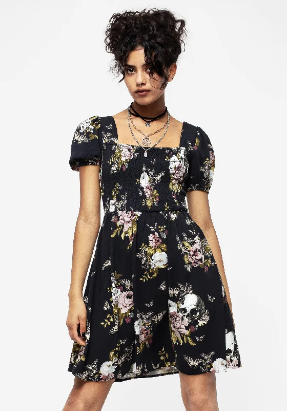 mini dresses-blackRevival Floral Puff Sleeve Shirred Mini Dress