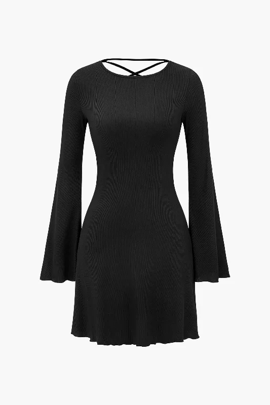 mini dresses-for girls nightBell Sleeve Back Lace Up Detail Mini Dress