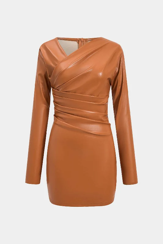 mini dresses-casual but cuteFaux Leather Ruched V-Neck Long Sleeve Mini Dress