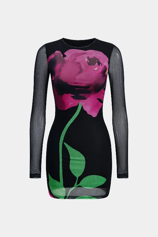 mini dresses-office wearFloral Print Mesh Round Neck Long Sleeve Mini Dress