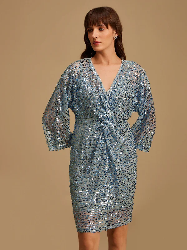 mini dresses-with beadingFront Knotted Sequined Dress