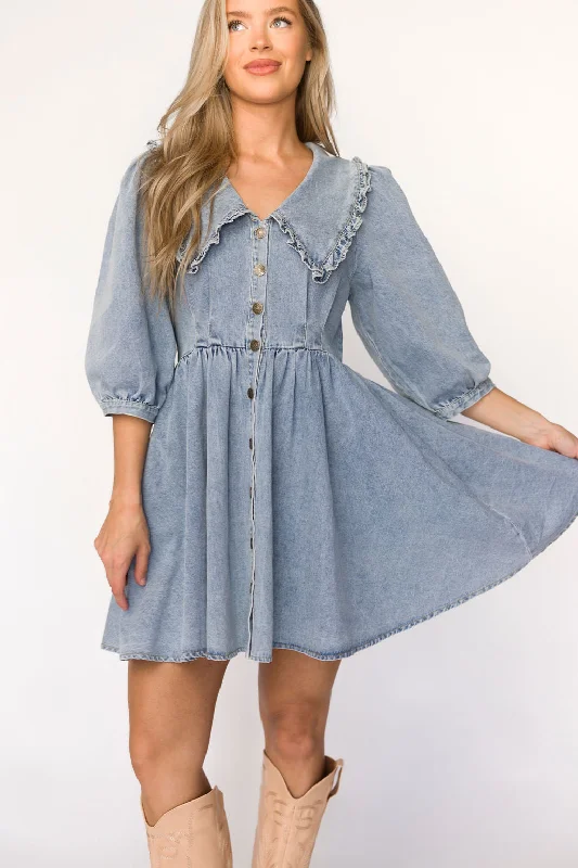 mini dresses-summerLainey Mini Dress with Peter Pan Collar in Light Wash Denim - Nursing Friendly