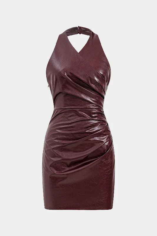 mini dresses-pretty and playfulFaux Leather Halter Neck Ruched Sleeveless Mini Dress