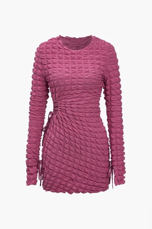 mini dresses-for date nightPuff Texture Long Sleeve Mini Dress