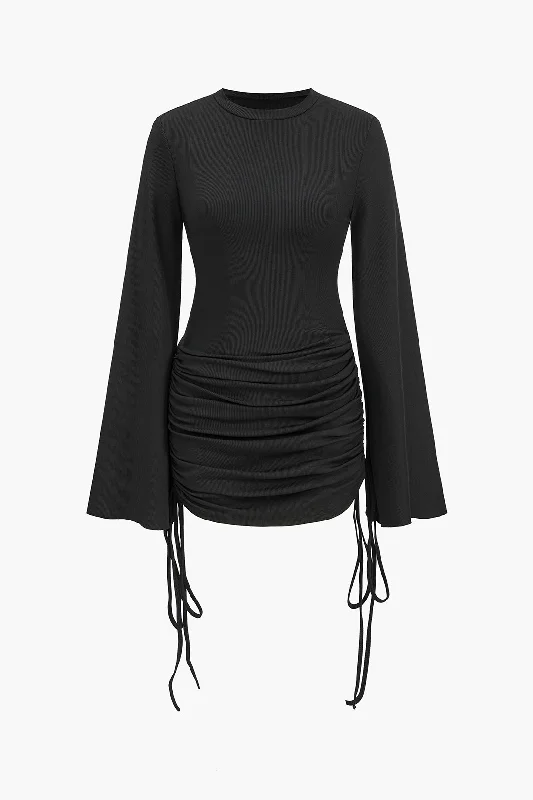 mini dresses-clubwearRound Neck Ruched Drawstring Bell Long Sleeve Mini Dress