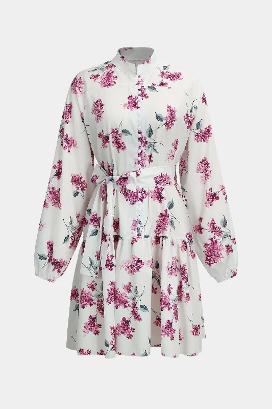 mini dresses-layeredFloral Print Tie-Up Long Sleeve Mini Dress