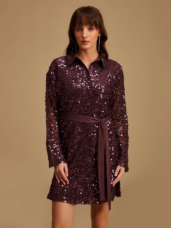 mini dresses-pleated fabricSequin Shirt Dress