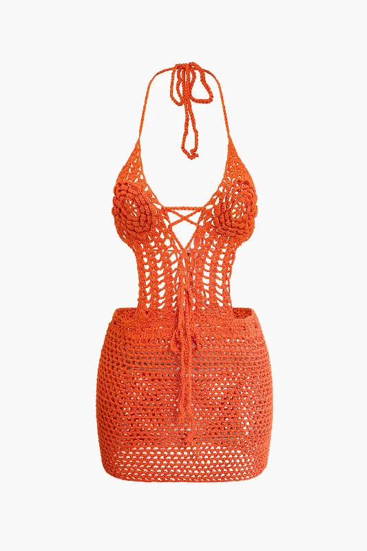 mini dresses-summer travelCrochet Halter Backless Mini Dress