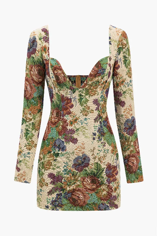 mini dresses-statement dressFloral Jacquard Long Sleeve Zipper V-Neck Mini Dress