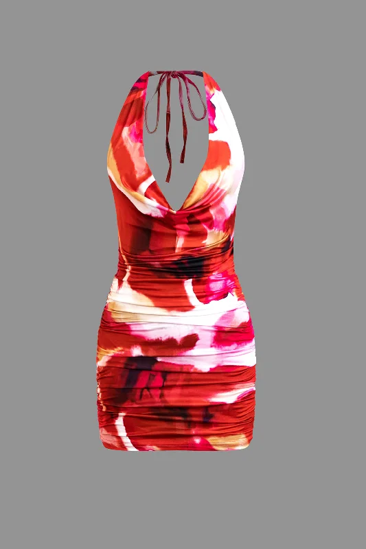 mini dresses-sophisticated touchTie Dye Halter Cowl Neck Backless Mini Dress