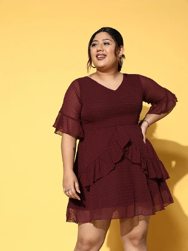 mini dresses-for cocktail hourBerrylush Women Plus Size Solid Maroon Dobby Weave V-Neck Semi-Sheer Ruffled A-Line Mini Dress