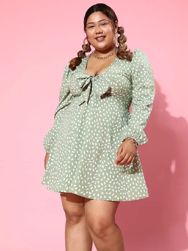 mini dresses-preppy styleBerrylush Women Plus Size Green & White Abstract Printed V-Neck Puff Sleeves Front Tie-Up Flared A-Line Mini Dress