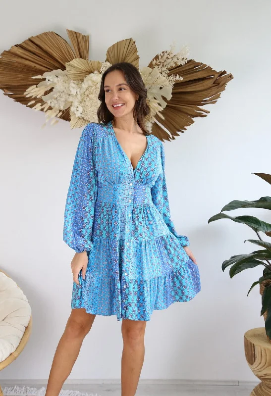 mini dresses-printedNhadia Blue Boho Mini Dress