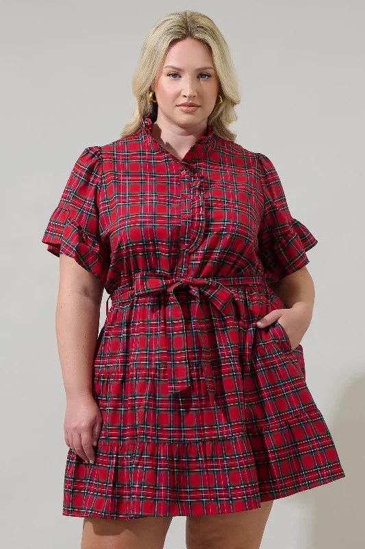 mini dresses-elegantArvada Plaid Cottonwood Ruffle Button Down Mini Dress Curve