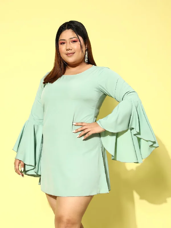 mini dresses-satin finishBerrylush Women Plus Size Solid Green Round Neck Flutter Sleeve Slip-On Crepe Flared A-Line Mini Dress