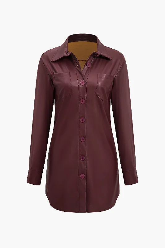 mini dresses-eco-friendlySolid Faux Leather Button Long Sleeve Mini Dress