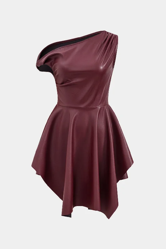 mini dresses-hot pinkFaux Leather Asymmetrical Neck Mini Dress