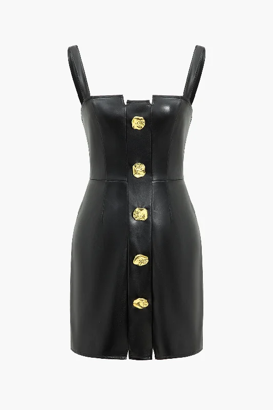 mini dresses-open backSolid Faux Leather Button Mini Dress