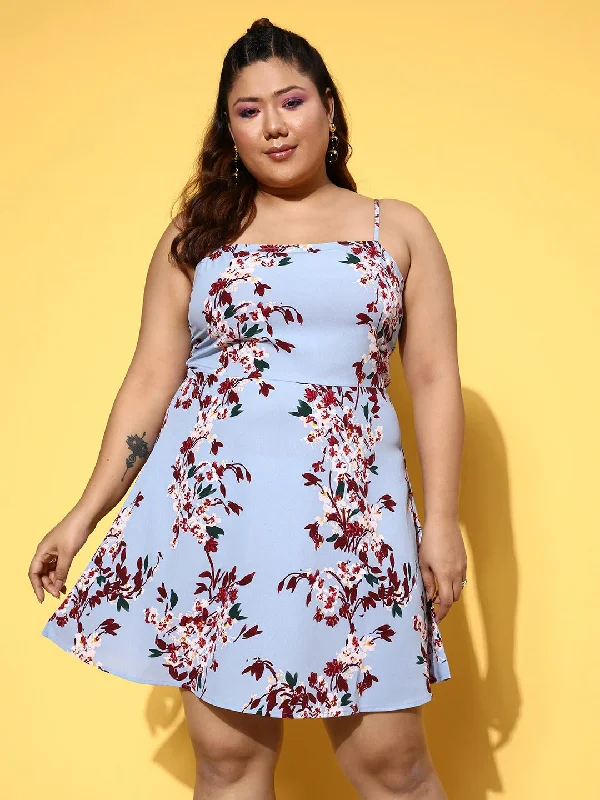 mini dresses-light weightBerrylush Women Plus Size Blue & Maroon Floral Printed Square Neck Sleeveless Crepe Fit & Flare Mini Dress