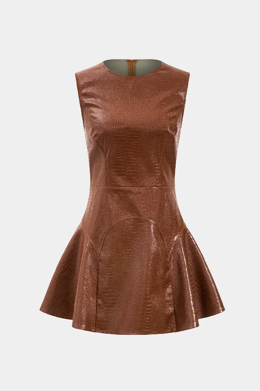 mini dresses-stretchable designFaux Leather Round Neck Sleeveless Mini Dress