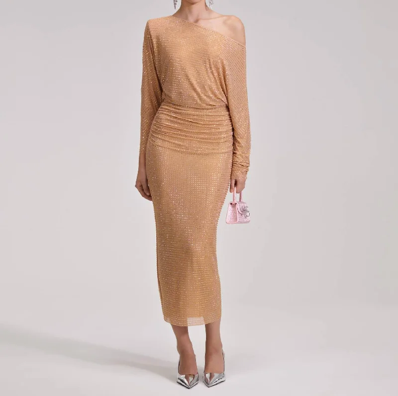 Midi dresses with puffed sleeves for office-Sequin Mesh Midi Dress In Gold