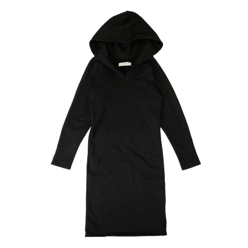 Midi dresses for a wedding guest-Women's Black Cotton Long Sleeve Hooded Midi Dress