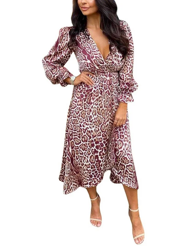 Casual midi dresses with a sporty vibe-Womens Animal Print Faux Wrap Midi Dress