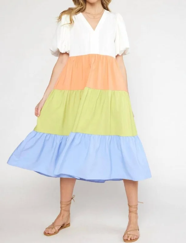 Trendy midi dresses with tie waist-The Encanto Tiered Color Block Midi Dress In Off White Combo