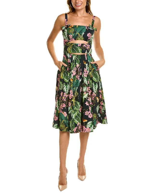 Vintage midi dresses with floral patterns-Oscar de la Renta Cutout Mixed Botanical Midi Dress