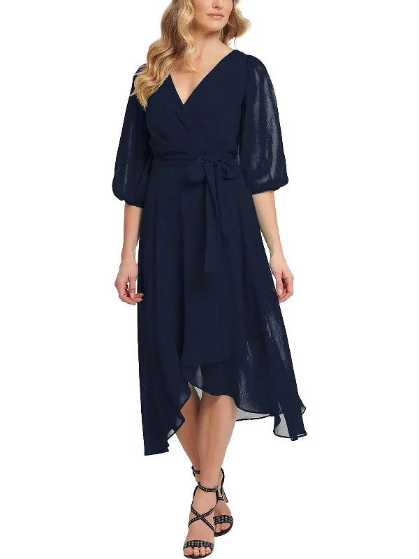 Midi dresses with puffed sleeves for office-Womens Chiffon Faux-Wrap Midi Dress