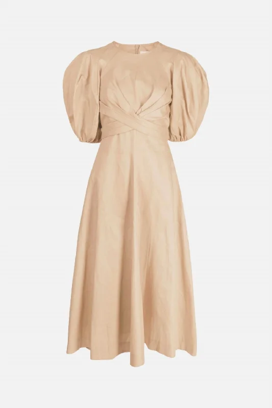 Pleated midi dresses for formal events-Wrap Midi Dress In Tan