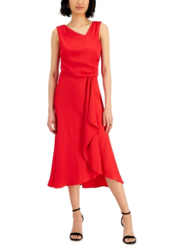 Comfortable midi dresses for travel-Petites Womens Drapey Calf Midi Dress