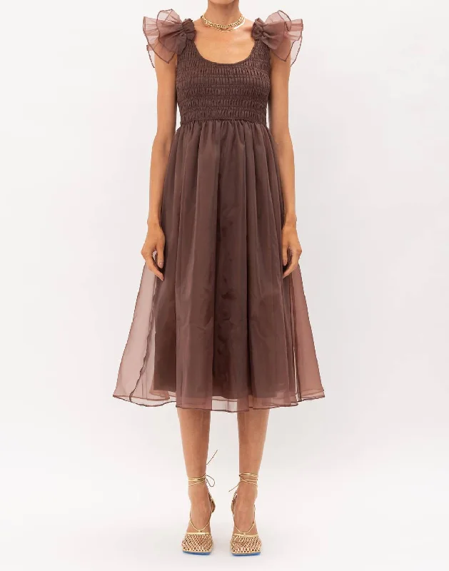 Midi dresses with asymmetrical hem-Aurora Midi Dress in Brown