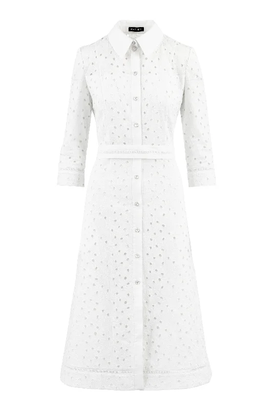 Chic midi dresses for casual dinners-EULOPHIA WHITE FLORAL BRODERIE ANGLAISE COTTON-POPLIN MIDI SHIRT DRESS